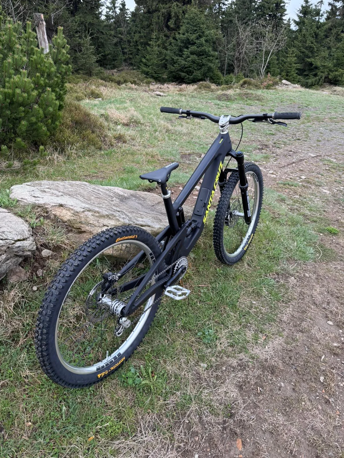 Johannes’ Santa Cruz Nomad V6 aus schräger Heckansicht im Wald