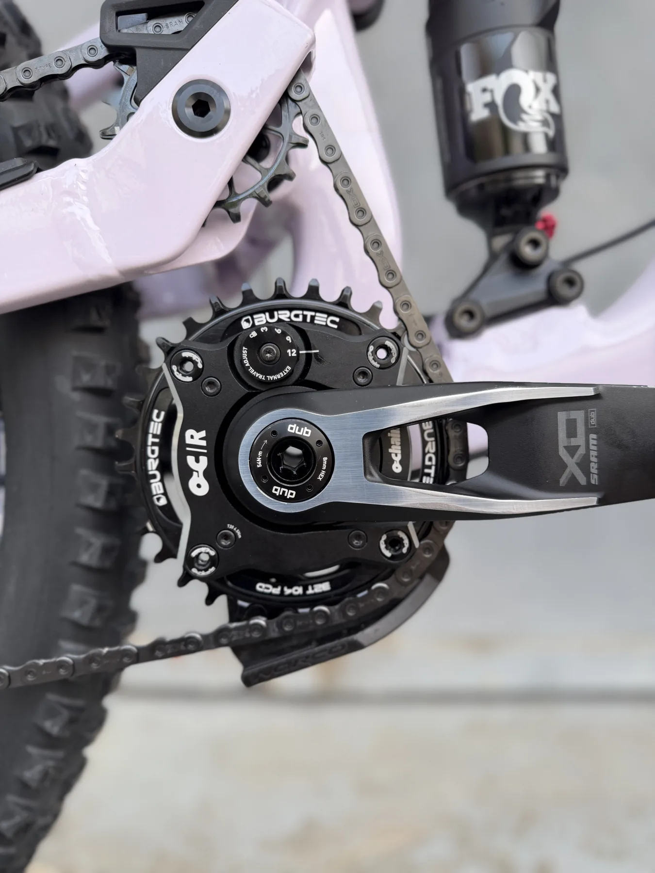 OChain R, Burgtec-Kettenblatt und SRAM-X0-Kurbel an Marius' Norco Sight A